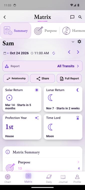 See all my current transits lands on Matrix scores with All Transits selected
