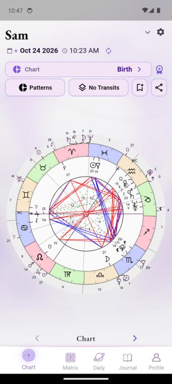 Birth chart wheel full of glyphs with no text