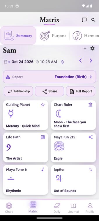 Matrix summary tiles: guiding planet, chart ruler, life path, maya kin, maya tone, out of bounds