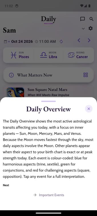Help sheet titled Daily Overview describing Moon-heavy daily aspects