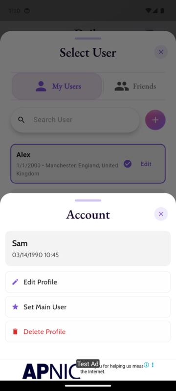Account sheet with Edit Profile, Set Main User and Delete Profile