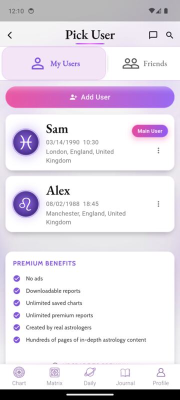 Pick User screen with Main User badge and small three-dot icons