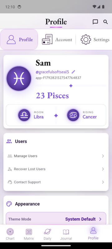 Profile tab showing name, sun degree, moon and rising, no birth date or time