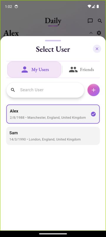 Select User sheet opened by tapping the name: rows with no edit or delete control