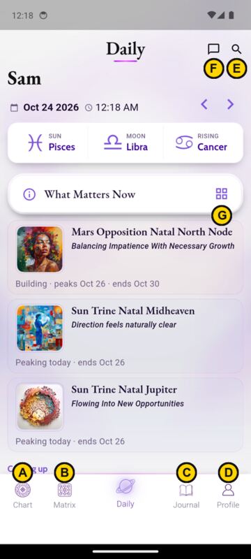 Poll image: Daily screen with lettered tap targets