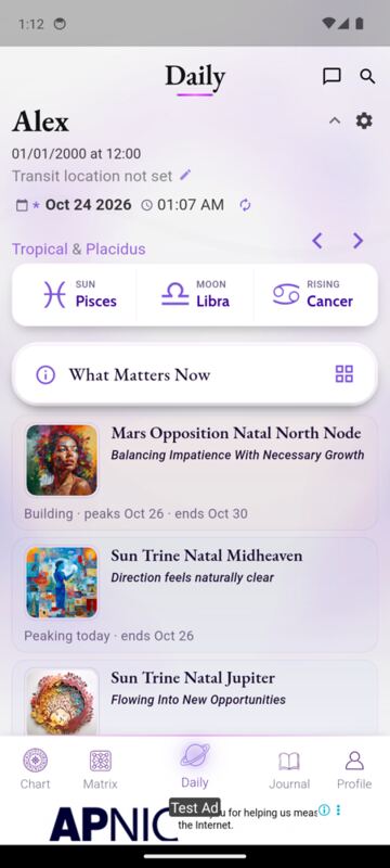 Daily header shows Alex but Sun Pisces, Moon Libra, Rising Cancer belong to Sam